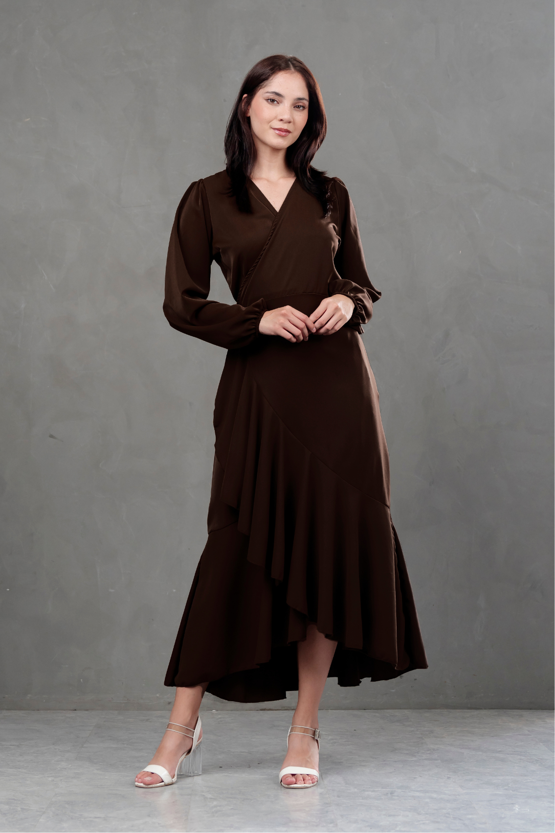 Vestido Envolvente Valentina manga larga marron