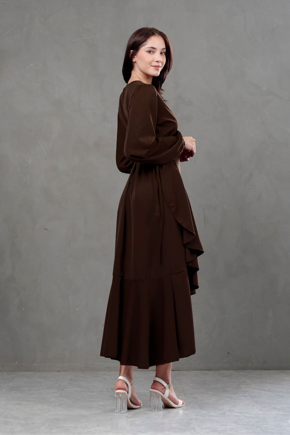 Vestido Envolvente Valentina manga larga marron