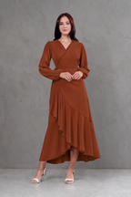 Vestido Envolvente Valentina manga larga marron
