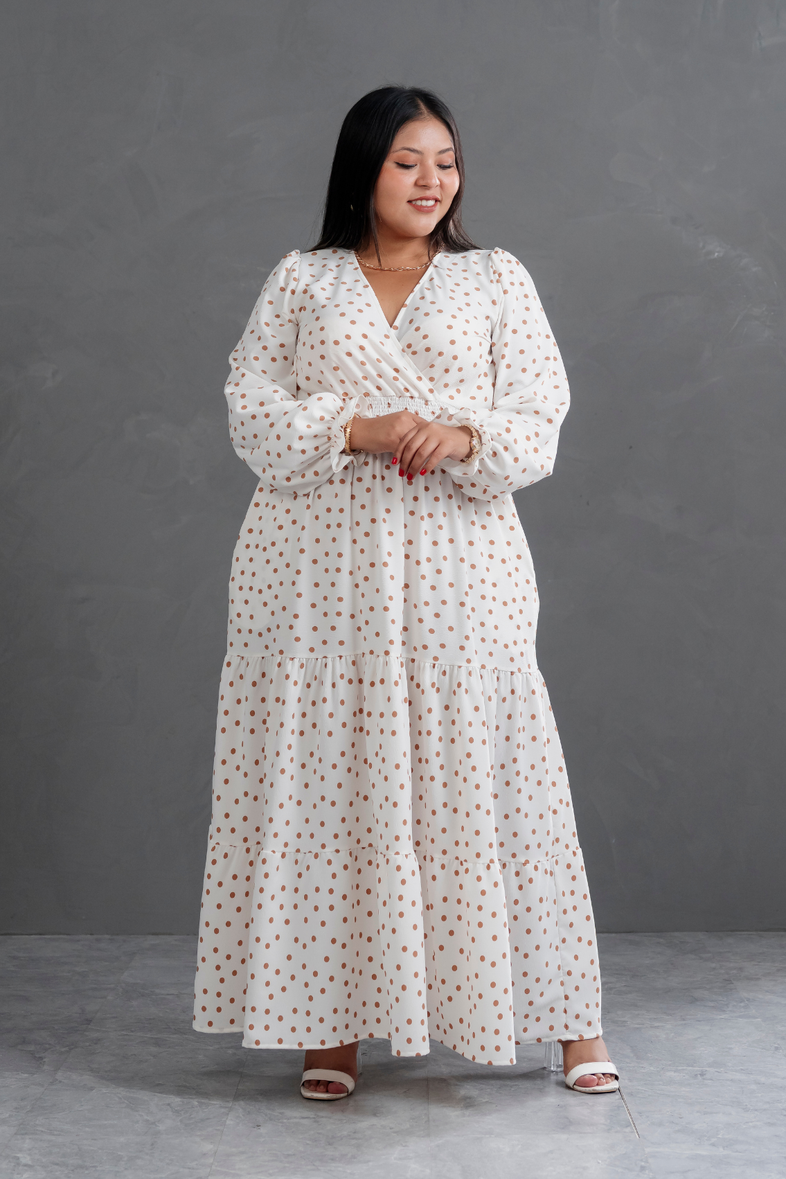 Maxivestido manga larga Lara Polka Dots Lacre
