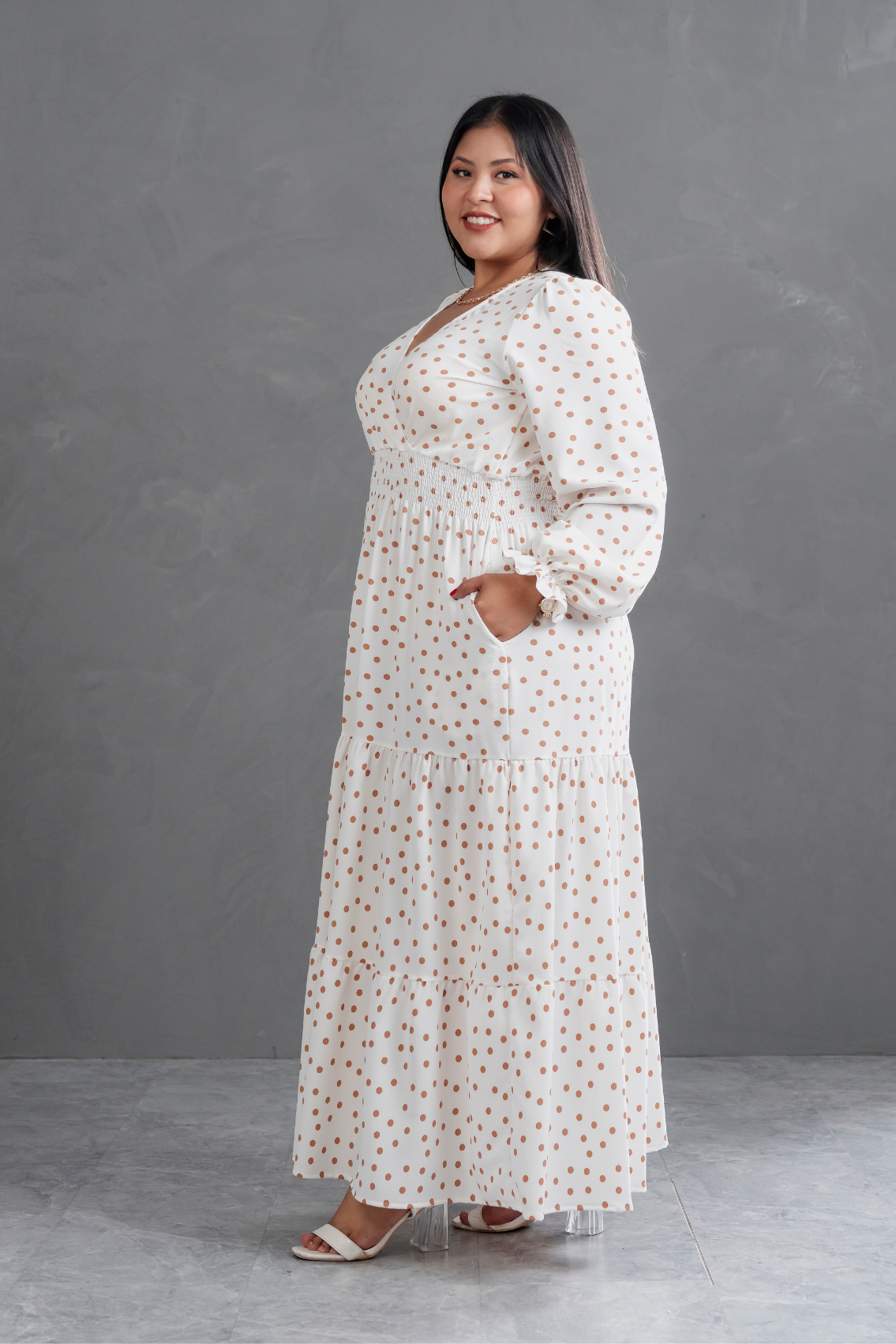 Maxivestido manga larga Lara Polka Dots Lacre