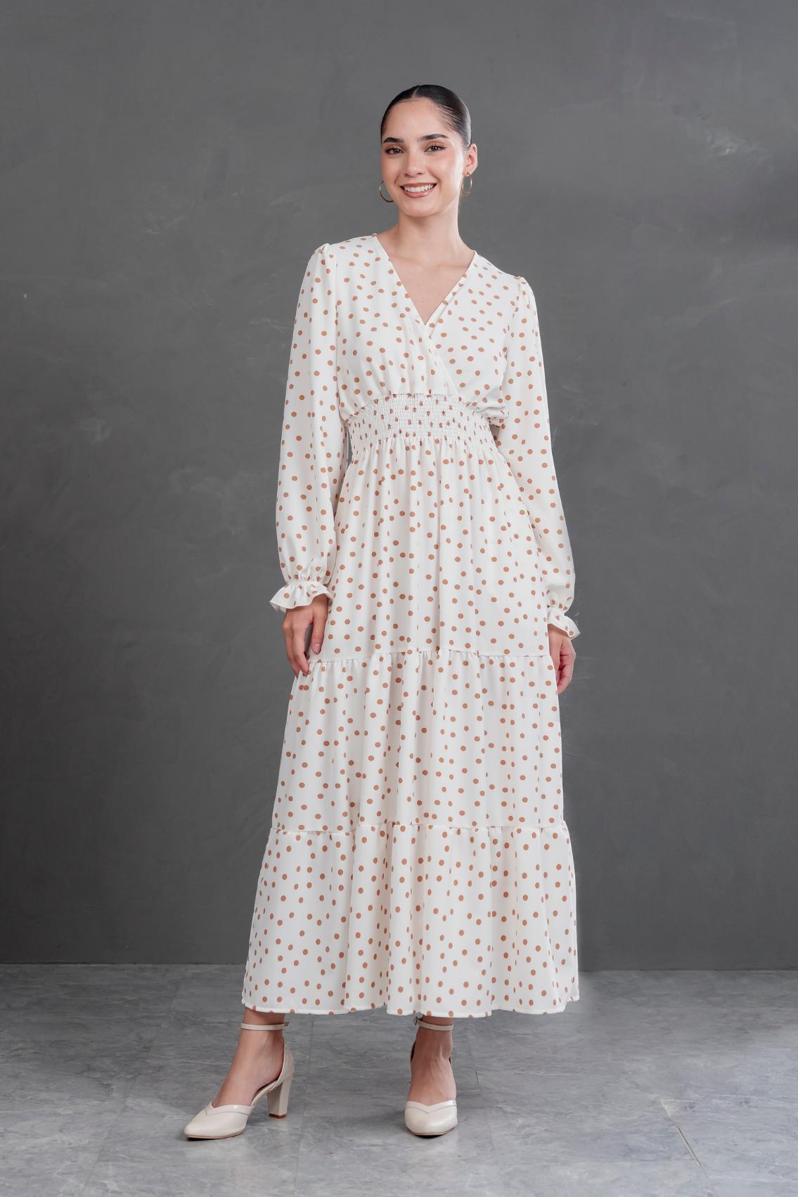 Maxivestido manga larga Lara Polka Dots Lacre