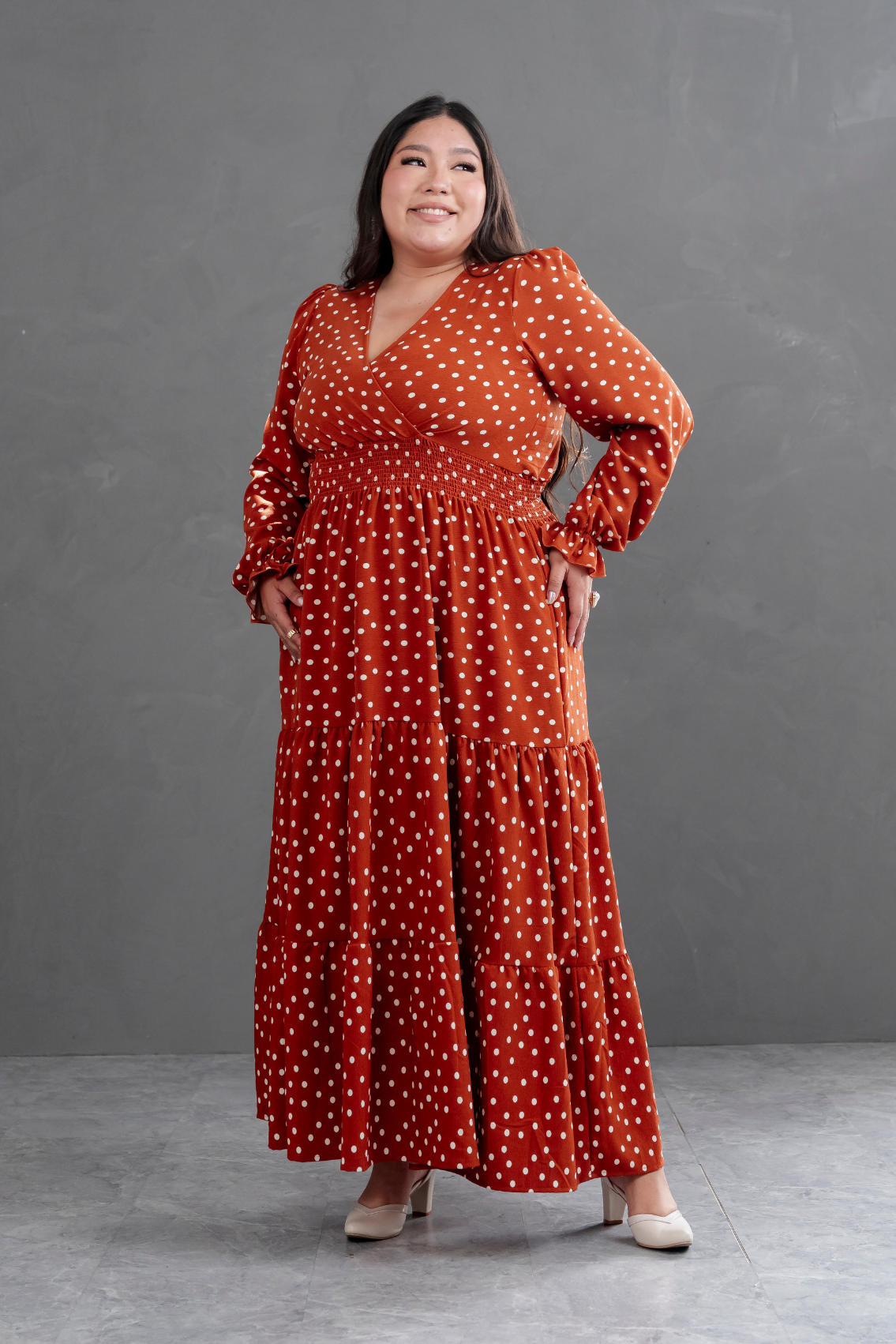 Maxivestido manga larga Lara Polka Dots Lacre
