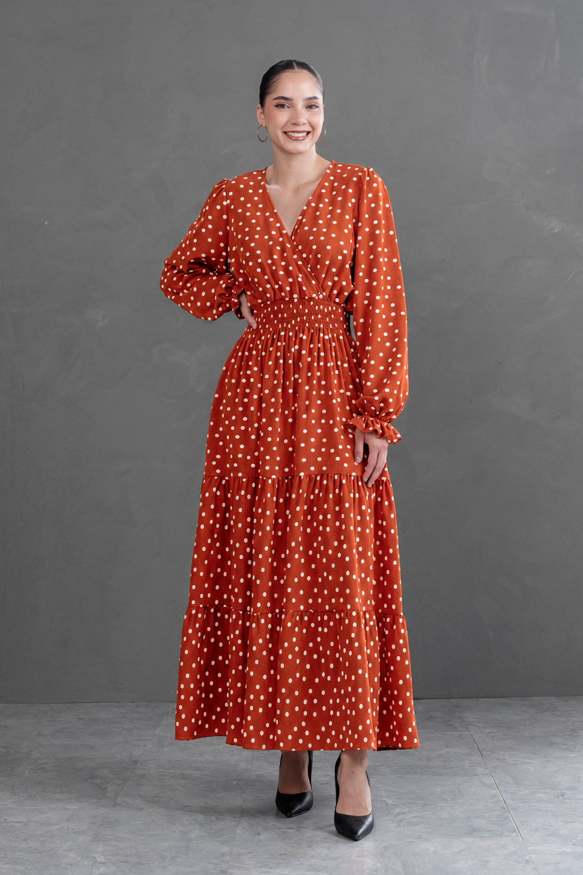 Maxivestido manga larga Lara Polka Dots Lacre