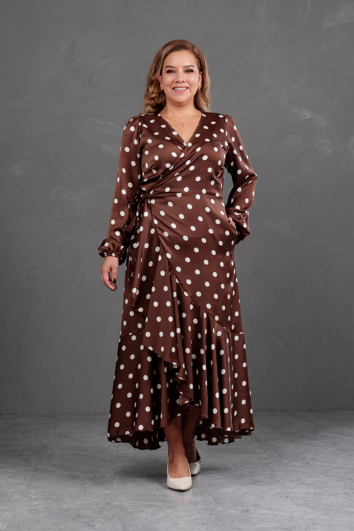 Vestido Envolvente polka dots Marron