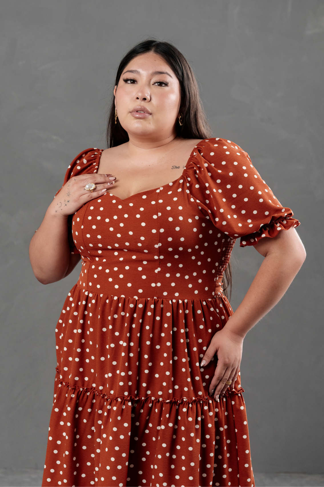 Vestido Midi Alice Polka Dots Lacre
