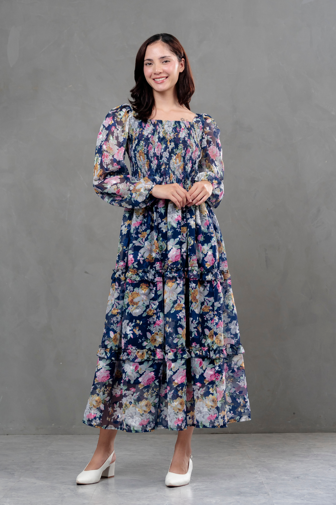 Vestido de gasa Amelia manga larga floreado