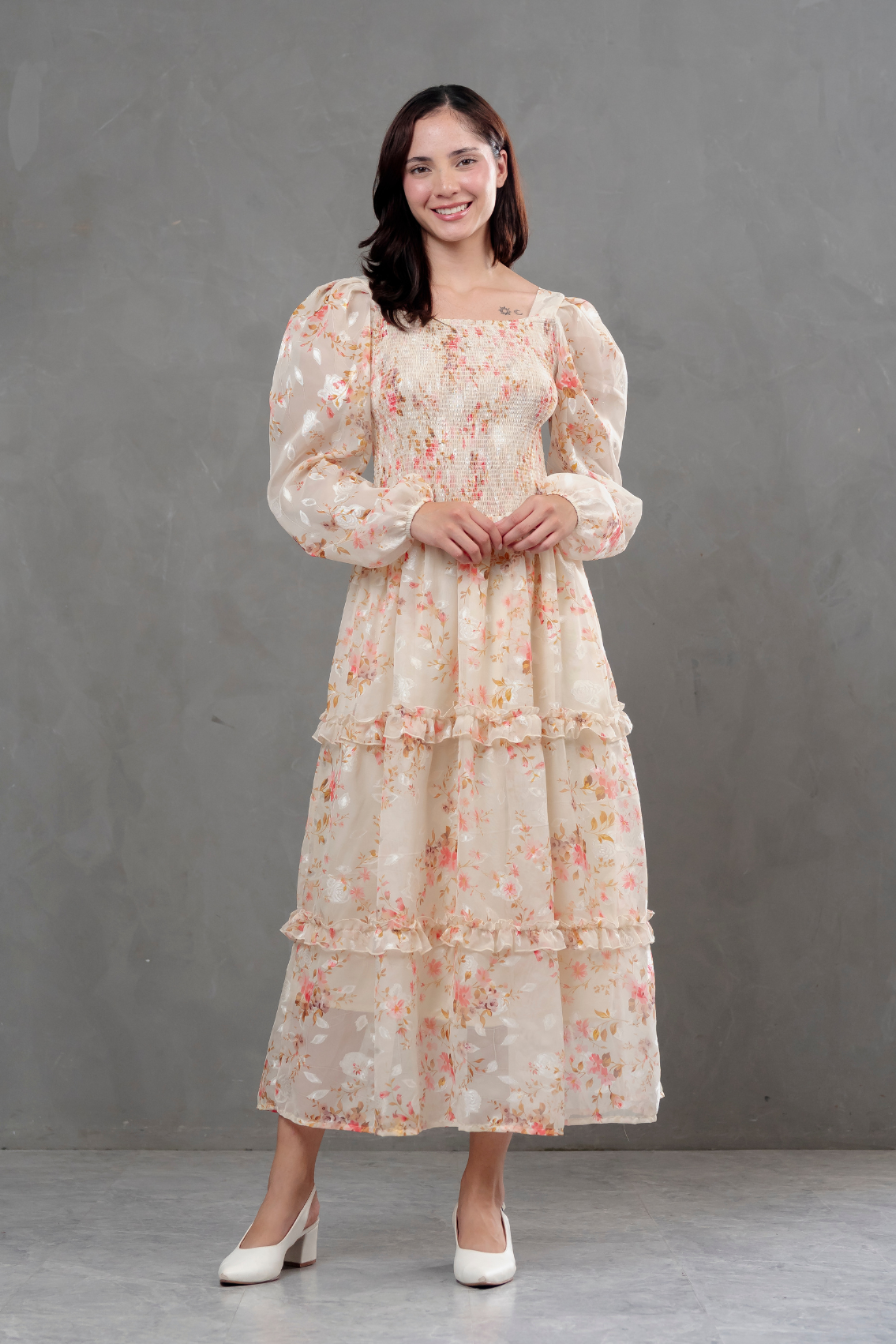Vestido de Gasa Amelia manga larga beige