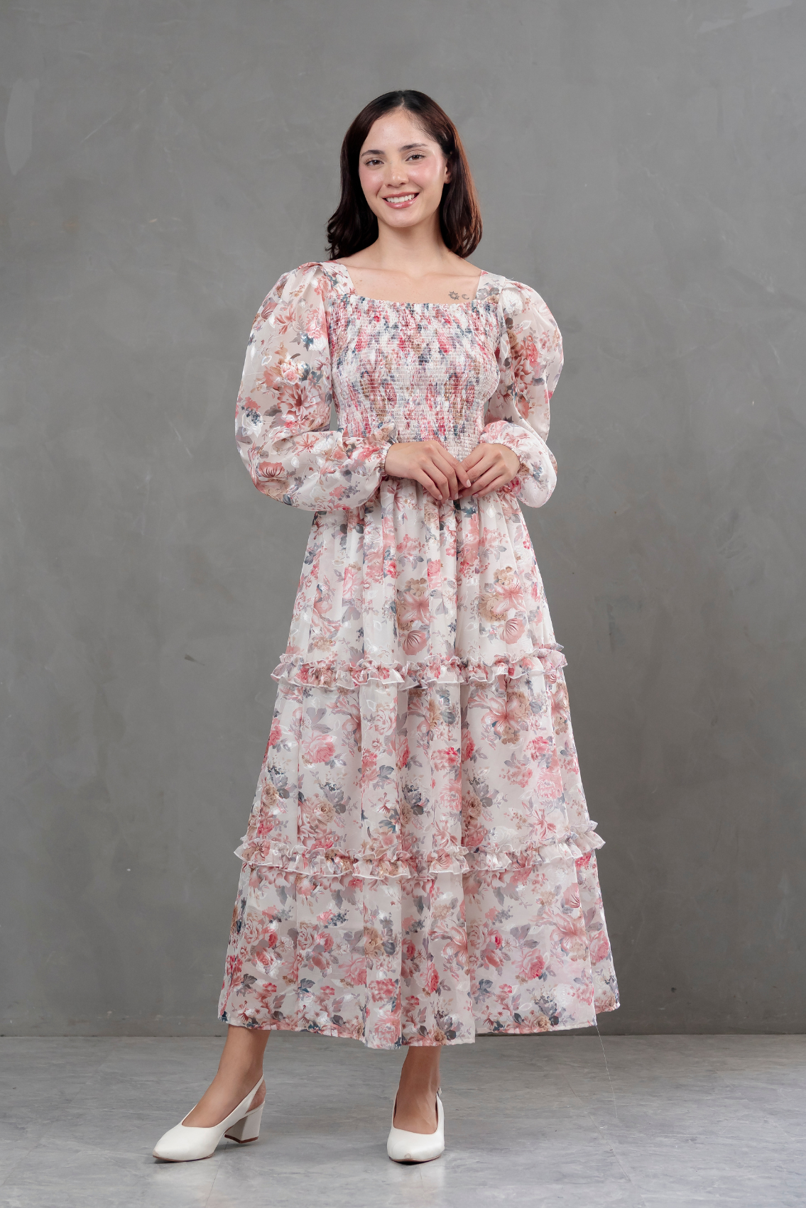 Vestido de gasa Amelia manga larga floreado