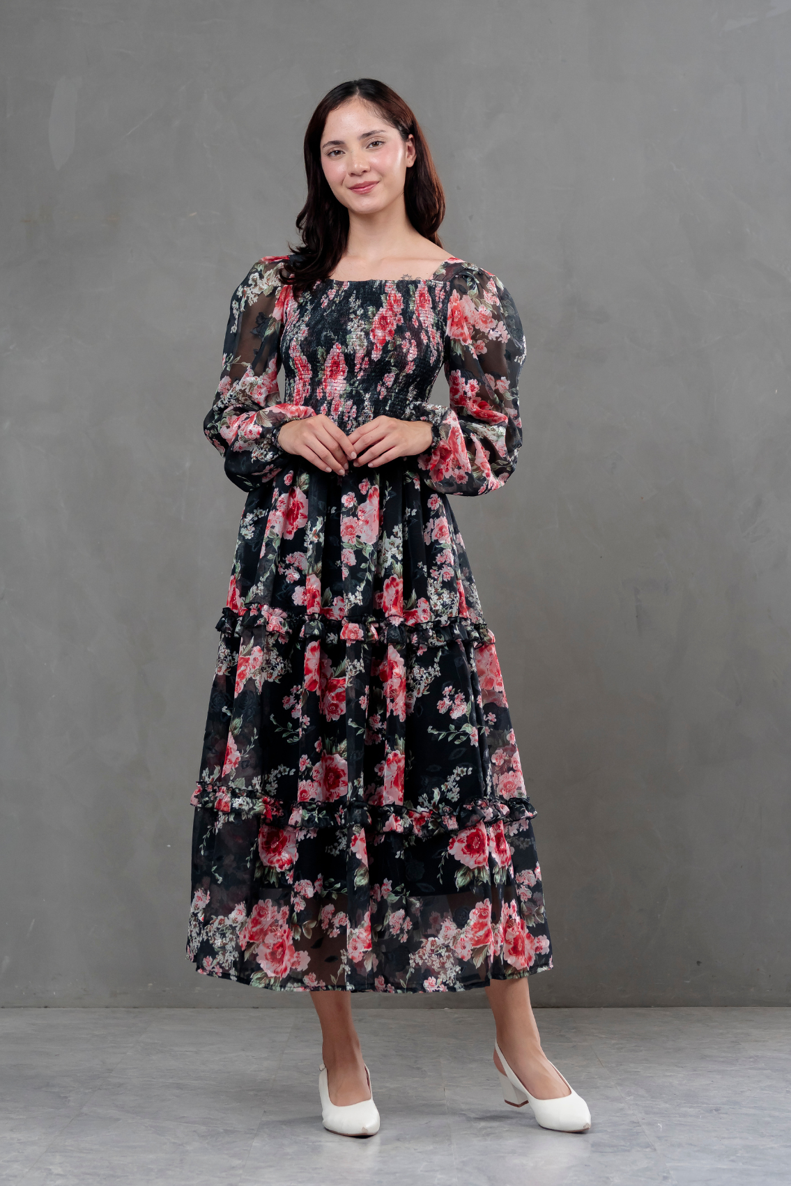 Vestido de gasa Amelia manga larga floreado
