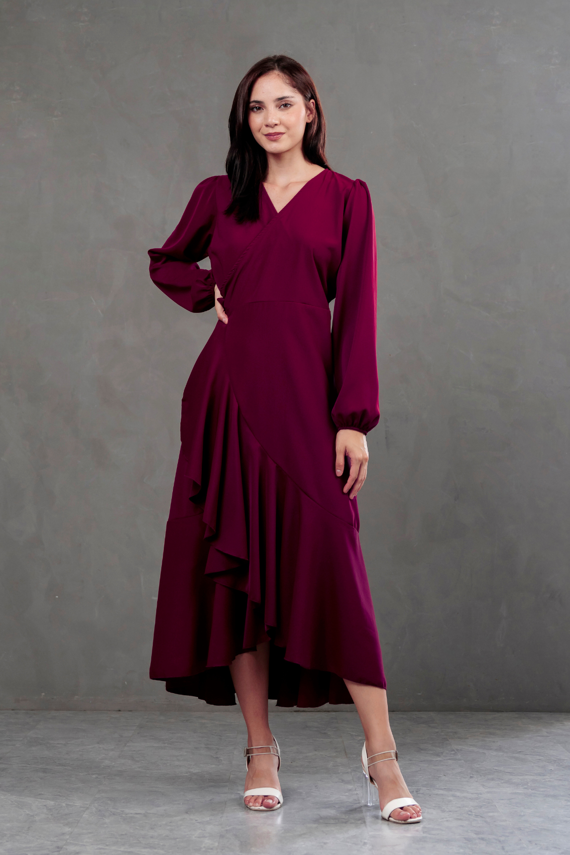 Vestido Envolvente Valentina manga larga Burgundy