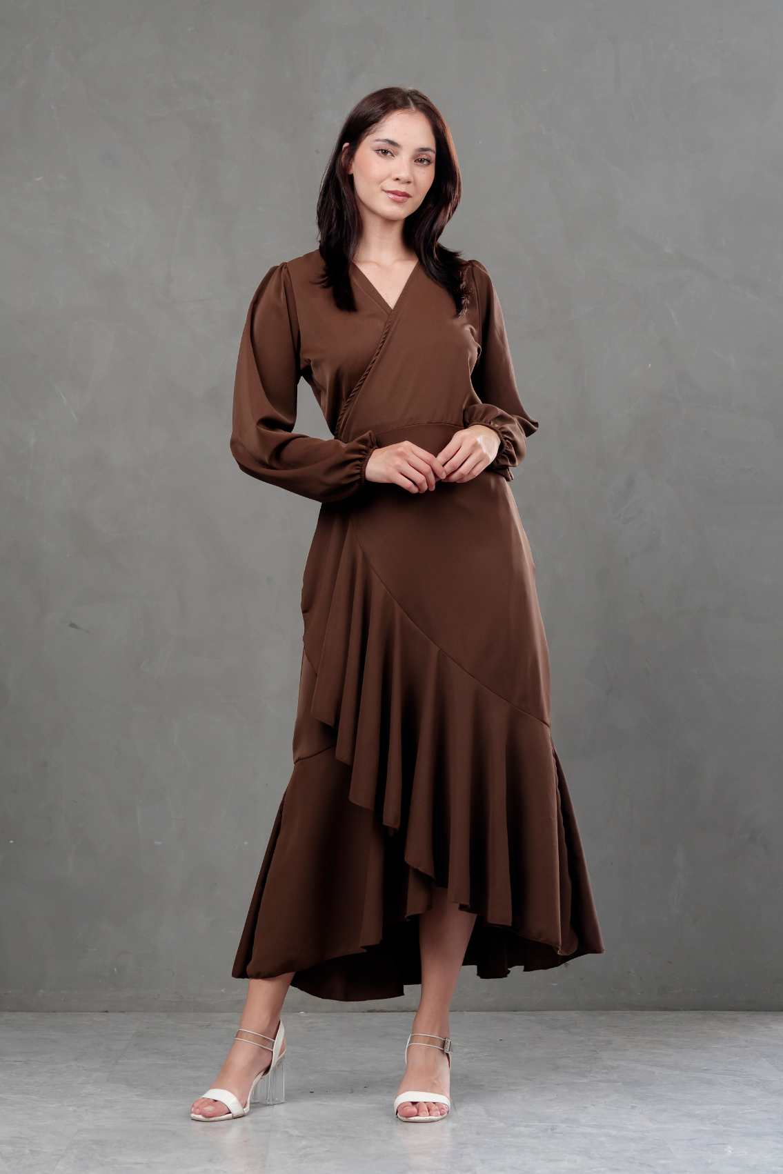 Vestido Envolvente manga larga marron
