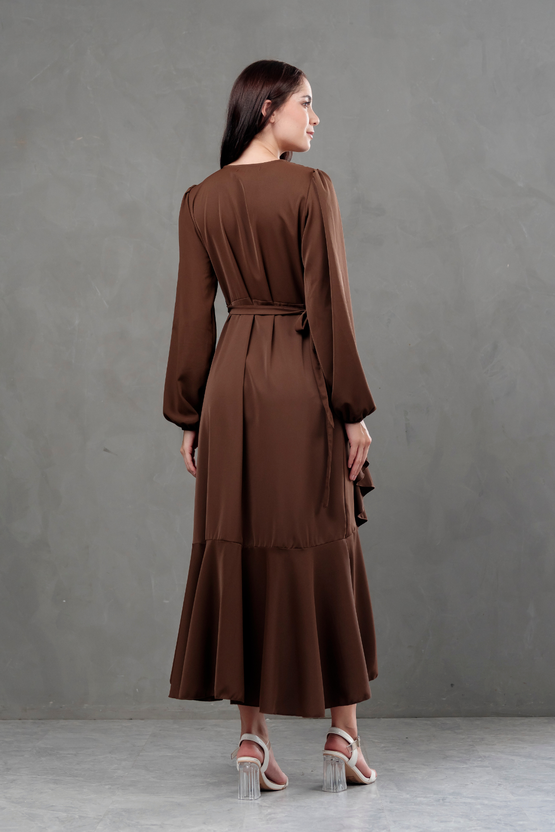 Vestido Envolvente manga larga marron