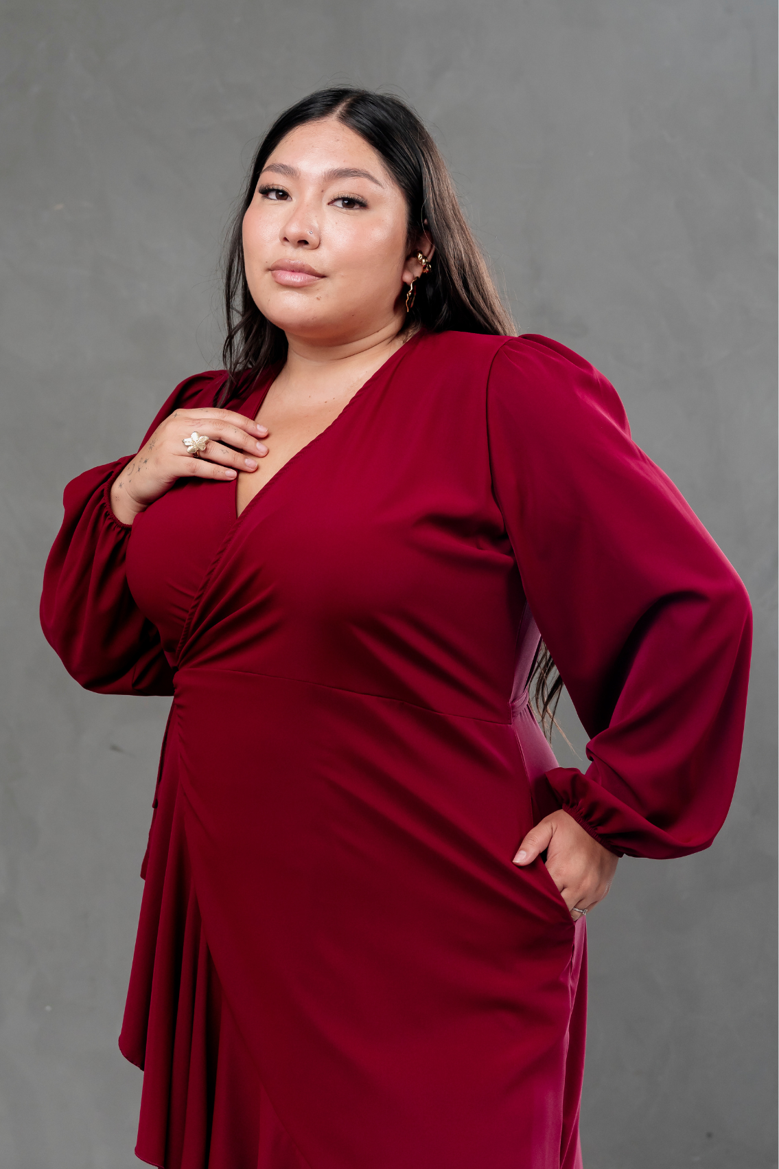 Vestido Envolvente manga larga rojo vino