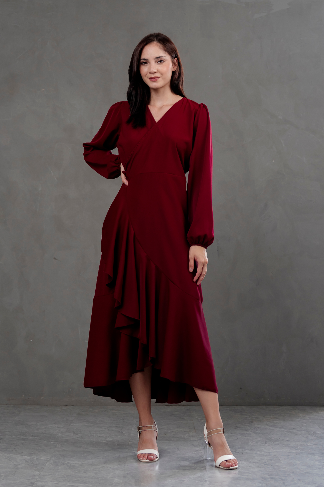 Vestido Envolvente manga larga rojo vino